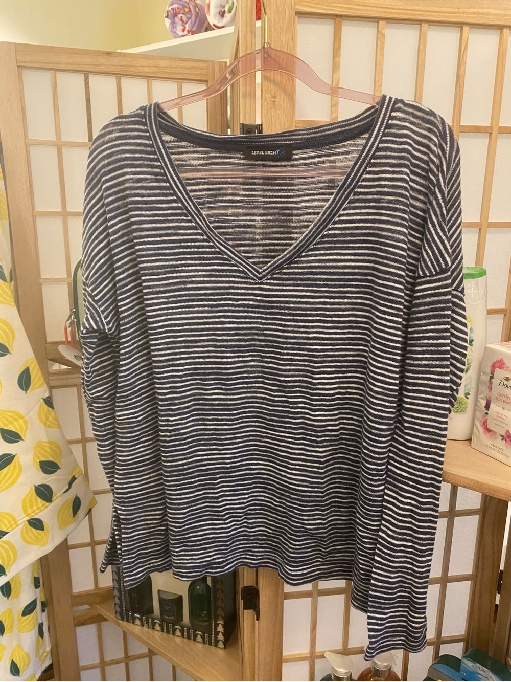 Layered Stripe V-Neck Long Sleeve Top in Navy and White by